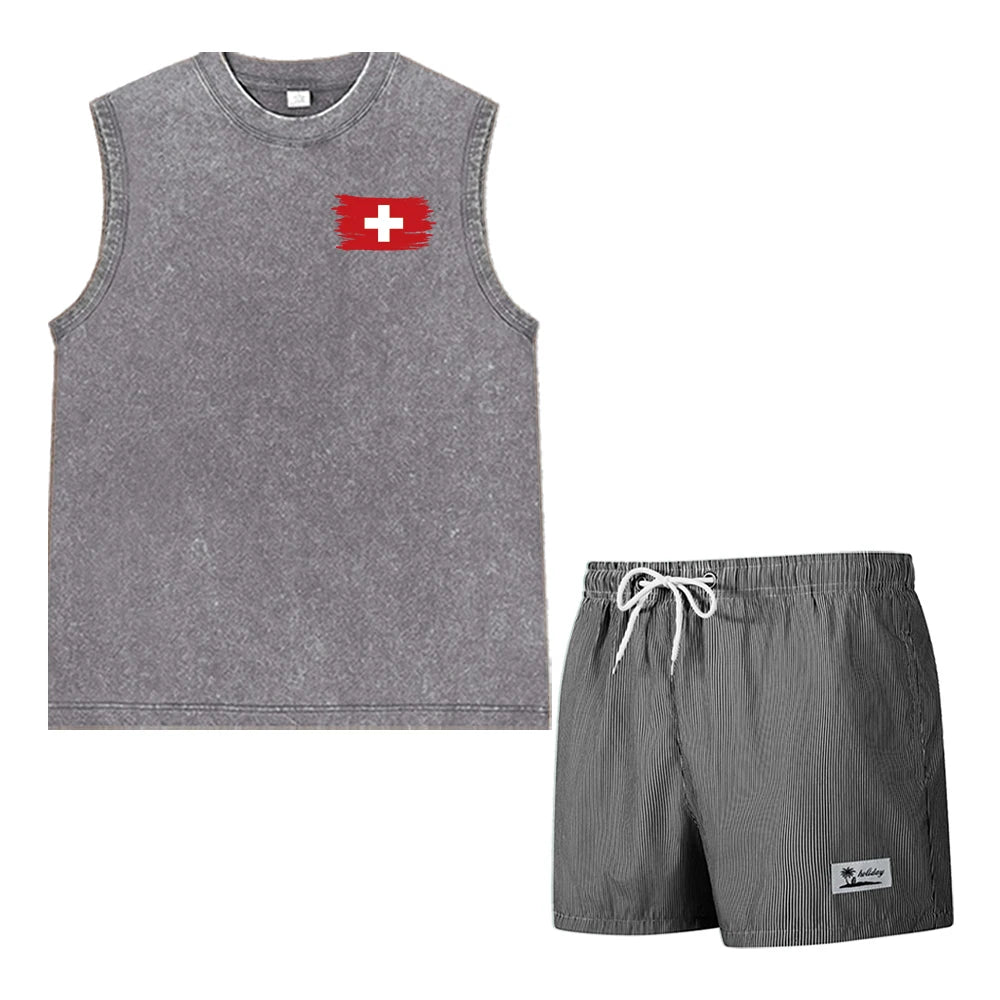 Casual Summer Men's 2 Piece Outfit: Vintage Washed Sleeveless Tee & Pinstripe Quick Dry Swim Shorts Set with Flag Graphic Print